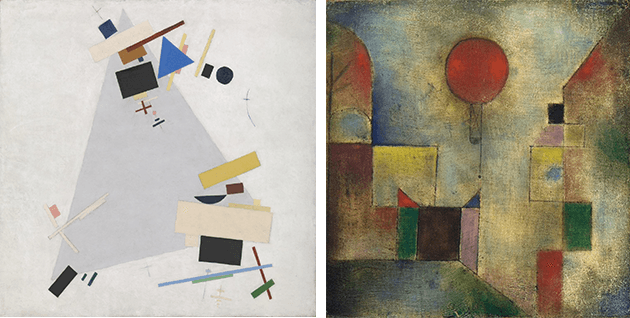 [left] Kazimir Malevich, Dynamic Suprematism, 1915 or 1916, Tate Collection, London [right] Paul Klee, Red Balloon, 1922, Solomon R. Guggenheim Museum, New York, Artwork: © 2021 Artists Rights Society (ARS), New York